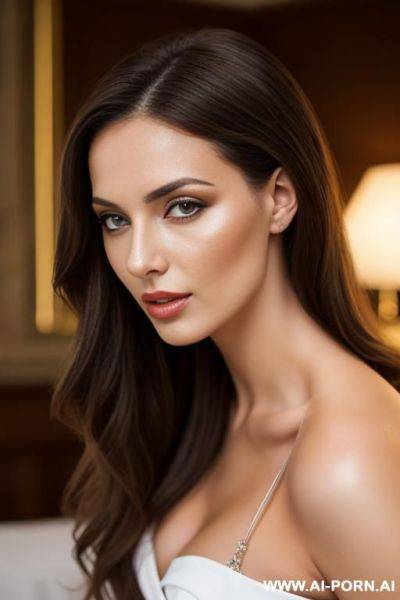 Piekna brunetka w beżowych rajstopach pokazuje cipkę - ai-porn.ai on pornsimulated.com