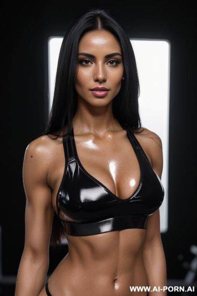 (perfect bombshell) (oiled shiny skin) ((black sports bra)) (black straight long hair) (female brunette) (fitness model) (((no panties) )) ((natural boobs)) (eye contact) (shiny skin) (horny) (want to - ai-porn.ai on pornsimulated.com