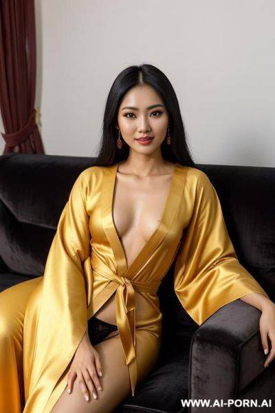 Realistic burmese woman, happy, beautiful natural boobs, beautiful natural body, light saffron mango colored royal robes, black royal lingerie, in a harem, on a couch - ai-porn.ai - Burma on pornsimulated.com