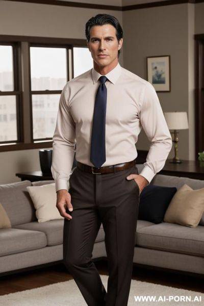 Hot male model, handsome man, dark hair, brown eyes, high cheek bones, stocky, muscular build, wearing dress pants, no shirt, standing in living room, handsome older man, photo realistic, business man. - ai-porn.ai on pornsimulated.com