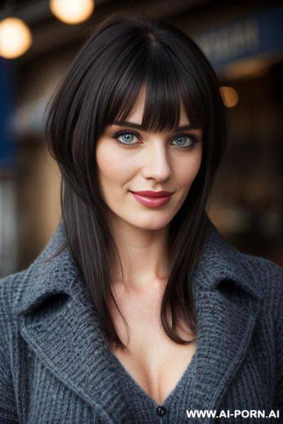 Bright dark blue eyes, woolen grey sweater - ai-porn.ai on pornsimulated.com