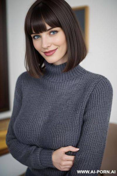 Dark blue eyes, woolen grey sweater - ai-porn.ai on pornsimulated.com