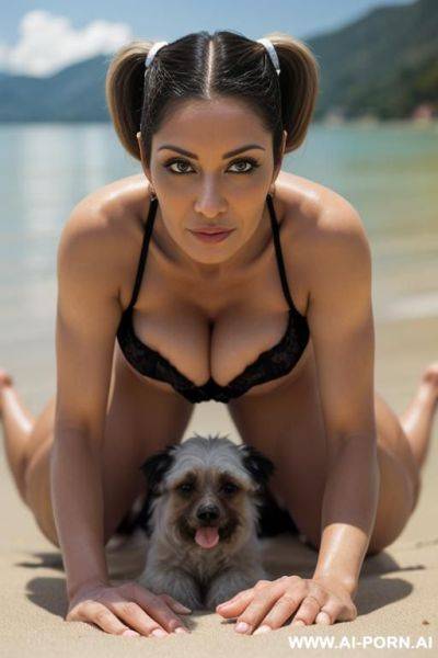 A sexy mature mother, sitting on beach beside lake, very hairy pussy, naked, no clothes, legs spread wide, view from behind - ai-porn.ai on pornsimulated.com