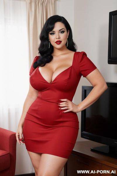 Pin up plump woman full body, standing, black hair, triangular hips, thick thighs, hands on hips, red dress, room in front of the television - ai-porn.ai on pornsimulated.com