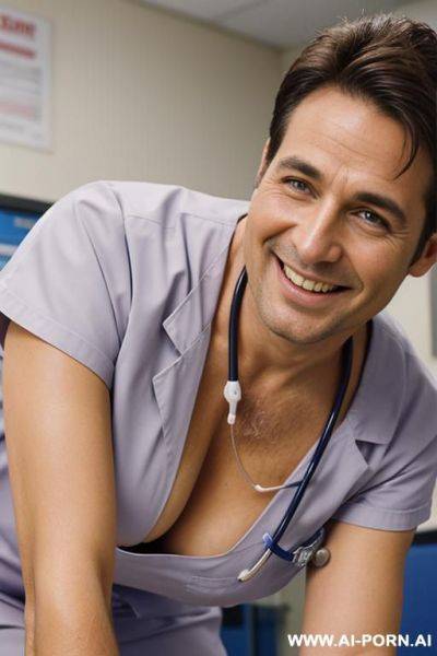 (close up) (nurse) (scrubs) (nip slip) (medical exam room) (bending down on man) (smiling) - ai-porn.ai on pornsimulated.com