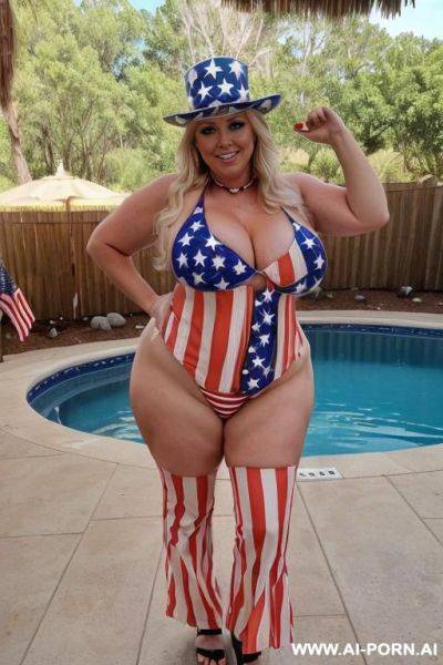 Photo realistic, chubby blonde milf, massive tear drop breasts, sexy make up, full body view, ((keep face and body)), in backyard, near pool, at cookout, wearing bikini, - ai-porn.ai on pornsimulated.com