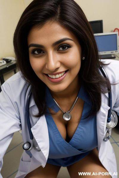 (close up) (tanned pakistani doctor) (scrubs) (nip slip) (medical exam room) (bending down) (smiling) (rubbing penis) - ai-porn.ai - Pakistan on pornsimulated.com