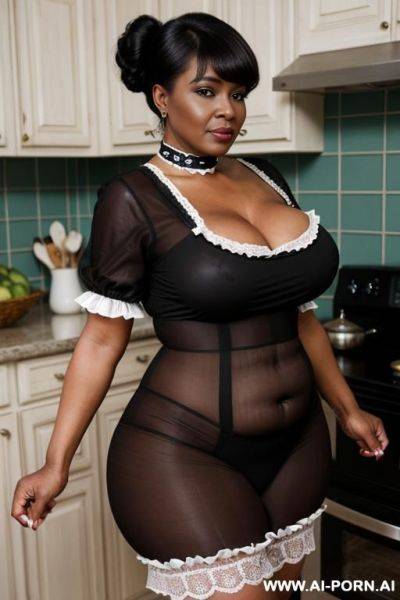 Obese matured very old black gilf, very fat, very large hips, very plump, extra thicc, wrinkles, wrinkled skin, aging marks, hair bun with bangs, french maid outfit, french maid, maid, soubrette, - ai-porn.ai - France on pornsimulated.com