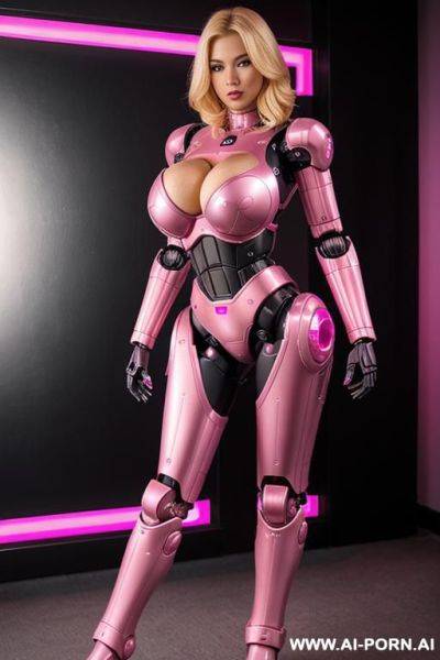 Blonde, full body view, huge robotic tits, fully pink robotic body, athletic body - ai-porn.ai on pornsimulated.com