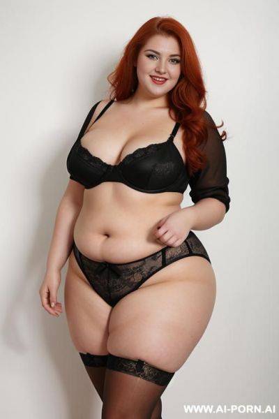 Full body photo shot, about at elegant art gallery, obese bbw curvy with love handless and tummy, she is 20 years old, wearing a sexy and hot ((red)) gartert belt stocking lingeries. - ai-porn.ai on pornsimulated.com