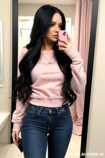 Woman long hair tight jeans pink sweatshirt selfie photo in the mirror - ai-porn.ai on pornsimulated.com