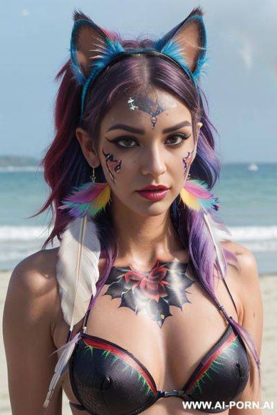 Face, sexy, beautiful, ((face painting)), ((bikini as seashell)), ((tattoo roses)), ((eyes shw)), ((angel wings)), ((rainbow hair)), ((long bu hair)), ((wind)), (( cat face)), (( cat ears)), (((feather - ai-porn.ai on pornsimulated.com