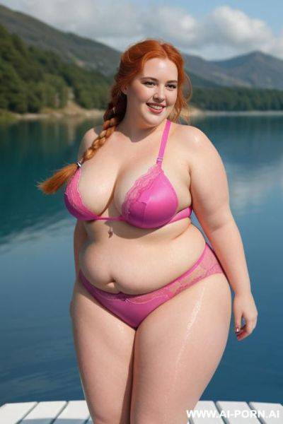 Half body photo shot, dynamic angle, about a blue lake, obese bbw with love handless and tummy, she is 1, she is wet, wearing a sexy and hot ((pink)) stocking lingerie. she is so obese and stand up. - ai-porn.ai on pornsimulated.com