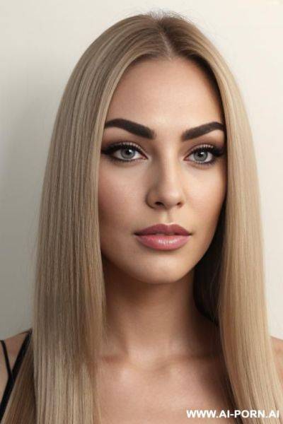 Face view only. front view. blonde straight hair, chubby rectanglar face, dark eye shw and eyebrows. long, ended pointy nose. big eyelashes. straight eyebrows. looking straight down the camera. - ai-porn.ai on pornsimulated.com