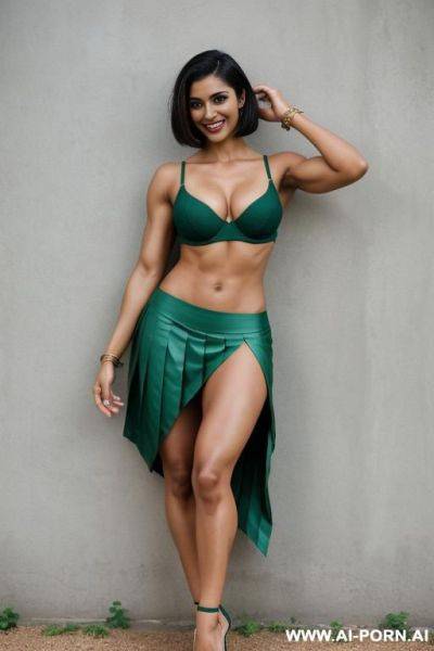 Indian, fit, abs, muscular arms, big ass, tall, long legs, navel piercing, green bra, green pleat skirt, looking at camera, full body, stiletto, in garden, leaning against wall - ai-porn.ai - India on pornsimulated.com