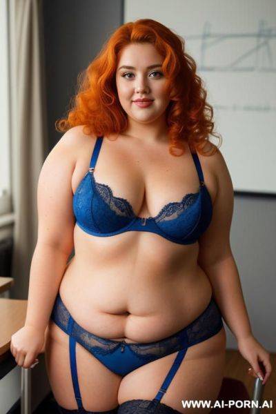 Half body photo shot close up. about at classroom. obese fat bbw, thick with love handless. wearing a orange sexy and hot garter belt lingerie. dynamic angle. - ai-porn.ai on pornsimulated.com