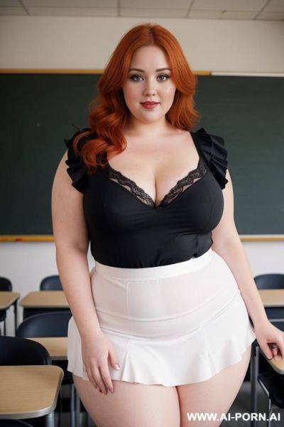 Full body photo shot, about at classroom, so chubby and so fat bbw curvy teacher, wearing a sexy and hot micro red ruffle microskirt and elegant micro garter belt top, speaking to the classroom. - ai-porn.ai on pornsimulated.com