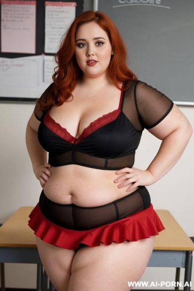 Full body photo shot, about at classroom, so chubby and so fat bbw curvy teacher, wearing a sexy and hot micro red ruffle microskirt and lingerie, speaking to the classroom. she is obese - ai-porn.ai on pornsimulated.com