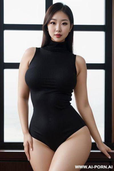 Curved hips, alluring thighs, sleeveless turtleneck, boob window - ai-porn.ai on pornsimulated.com