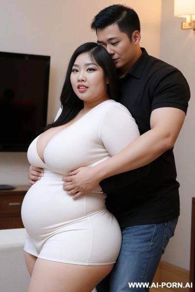 Create image of a short man carrying on an obese asian woman with huge thighs - ai-porn.ai on pornsimulated.com