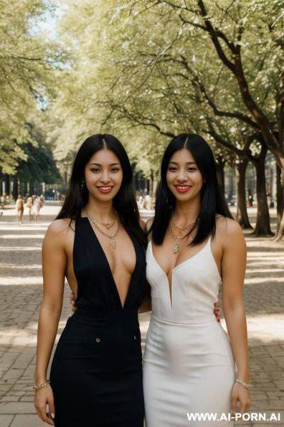 Two women holding hands standing close together naked public garden necklace earrings - ai-porn.ai on pornsimulated.com