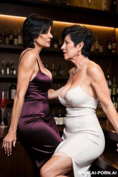 Two american mature lesbian women in very sexy night dress, sitting at the bar, scissoring each other - ai-porn.ai - Usa on pornsimulated.com