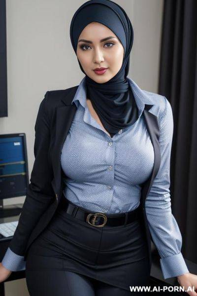 Medium full shot, alluring thighs, wide hips, big boobs, hijab, no shirt, no uniform, no jacket - ai-porn.ai on pornsimulated.com