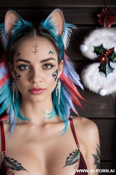 Face, sexy, beautiful, ((face painting)), ((bikini as seashell)), ((tattoo roses)), ((eyes shw)), ((angel wings)), ((rainbow hair)), ((long bu hair)), ((wind)), (( cat face)), (( cat ears)), (((feather - ai-porn.ai on pornsimulated.com