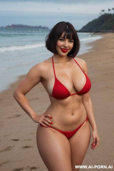 Tall chilean woman, bobcut brunette hair, black eyes, gorgeous face, thick lips, red lipstick, long eyelashes, massive boobs, waist, abs, huge ass, thick legs, wide hips, smiling, beach, full body picture, standing up, red micro bikini - ai-porn.ai - Chile on pornsimulated.com