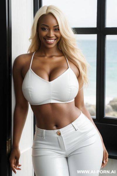Beautiful woman, ebony, blonde, medium hight, mid 20s, long hair, natural boobs, big ass, big hips, with sea in window, red top, white leather pants, sunshine, bedroom - ai-porn.ai on pornsimulated.com