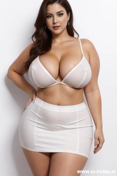 Wide hips, thick thighs, blouse, skirt, posing, nipple outline, cleavage, exposed vulva, front view, white background - ai-porn.ai on pornsimulated.com