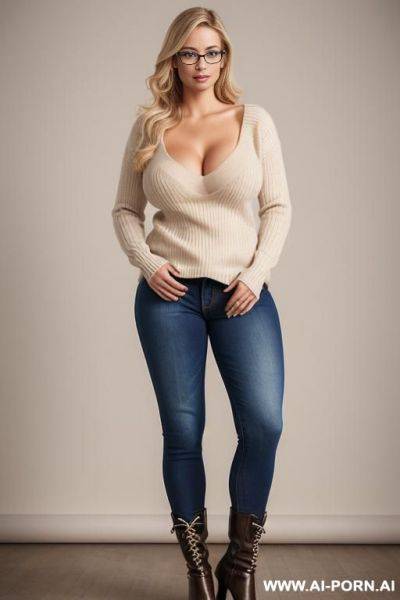 (((nerdy))) woman with thick thighs, jeans, boots, sweater, full body photo, photorealism, blonde, standing - ai-porn.ai on pornsimulated.com