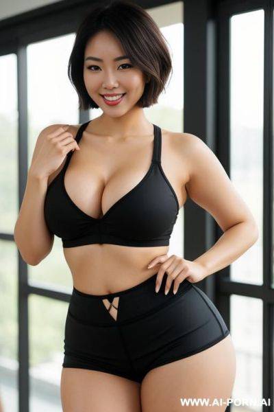 Pretty, asian woman, smiling, short hair, tits, hourglass figure, ((wide hips)), thick thighs, yoga shorts - ai-porn.ai on pornsimulated.com