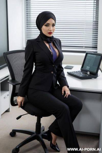 Medium full shot, alluring thighs, wide hips, big boobs, arabic, headscarf, office - ai-porn.ai on pornsimulated.com