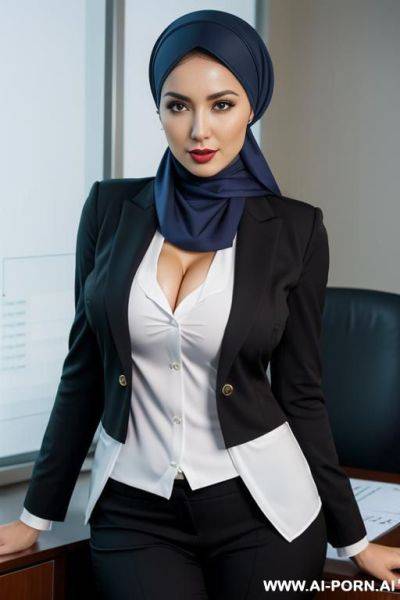 Medium full shot, alluring thighs, wide hips, big boobs, headscarf, office - ai-porn.ai on pornsimulated.com