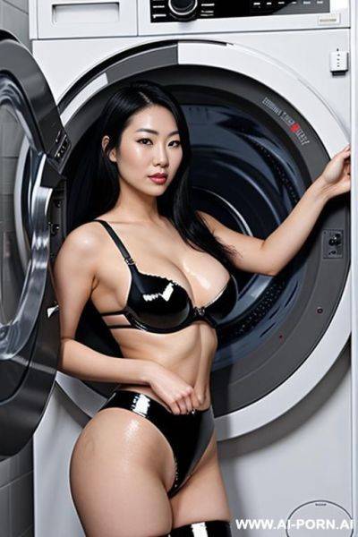 Asian woman in latex bra and panties bending over with her hands to a semi-automatic washing machine - ai-porn.ai on pornsimulated.com
