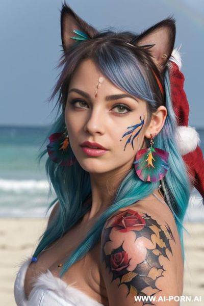 Face, sexy, beautiful, ((face painting)), ((bikini as seashell)), ((tattoo roses)), ((eyes shw)), ((angel wings)), ((rainbow hair)), ((long bu hair)), ((wind)), (( cat face)), (( cat ears)), (((feather - ai-porn.ai on pornsimulated.com
