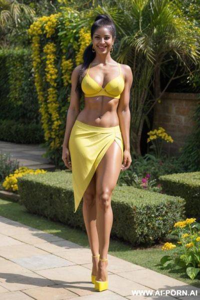 Indian, fit, abs, muscular arms, big ass, tall, long legs, navel piercing, yellow bra, yellow pleat skirt, looking at camera, full body, stiletto, in garden - ai-porn.ai - India on pornsimulated.com