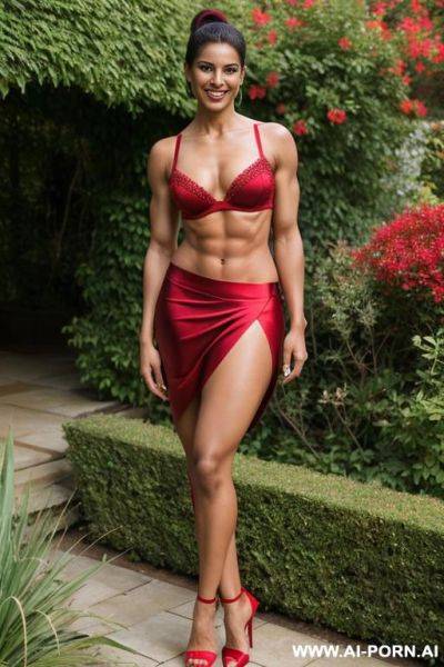 Indian, short hair, fit, abs, muscular arms, big ass, tall, long legs, diamond navel piercing, red satin bra, red pleat skirt, looking at camera, full body, stiletto, in garden, arms stretching - ai-porn.ai - India on pornsimulated.com