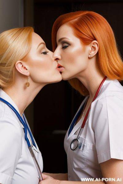 One hot blonde business woman kissing one redhead nurse - ai-porn.ai on pornsimulated.com