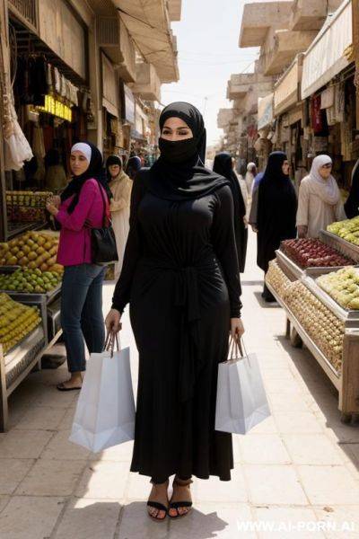 An egyptian, wearing a black hijab that covers her whole body with hijab, she standing in a local egyptian street market with people in the background, she has brown highlighted black curly - ai-porn.ai - Egypt on pornsimulated.com