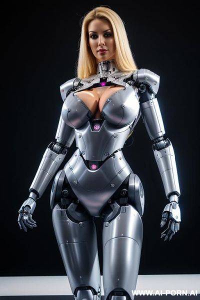 Robotic superwoman, front view, full-body view, standing, hands on hips, looking at the viewer, seductive face, beautiful, straight blonde hair, (athletic body, fully robotic body, huge robotic tits, - ai-porn.ai on pornsimulated.com