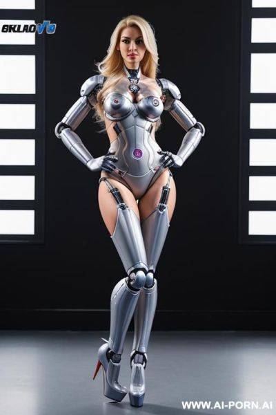 Robotic superwoman, front view, full-body view, standing, hands on hips, looking at the viewer, seductive face, beautiful, straight blonde hair, (fully robotic body, athletic body:1.1), ultra-high platform stripper stilettos - ai-porn.ai on pornsimulated.com
