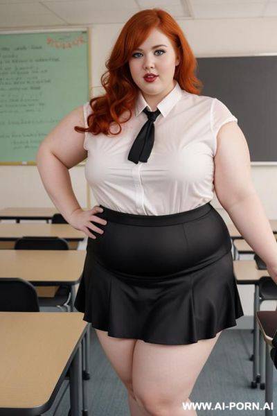 Full body photo shot, about at classroom, obese chubby and so fat bbw curv teacher, wearing a sexy and hot micro red ruffle microskirt and elegant micro garter belt top, speaking to the classroom. - ai-porn.ai on pornsimulated.com