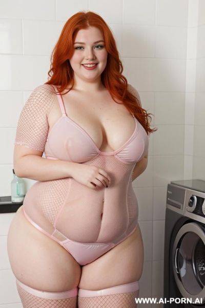 Half-length photo, half body close up, as a set in the laundry area, (a obese fat) chubby fat thick and bbw redhead british, she is washing clothes and is soaked in foamy water. she has - ai-porn.ai - Britain on pornsimulated.com