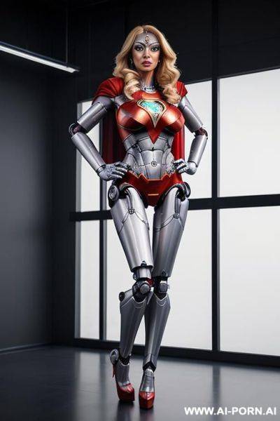 (robotic superwoman:1.3), front view, full-body view, standing, hands on hips, looking at the viewer, seductive face, beautiful, straight blonde hair, (fully robotic body, athletic body, huge robotic tits:1.1), ultra-high platform stripper stilettos - ai-porn.ai on pornsimulated.com