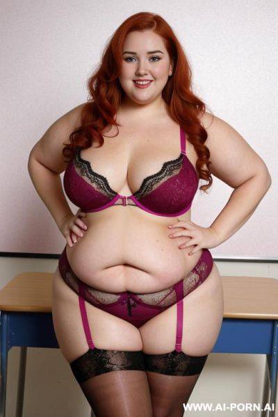 Full body photo shot, about at classroom, so obese chubby fat bbw curvy teacher, with lovehandless and tummy, wearing a sexy and hot magenta lace stocking lingeries, she is a smart teacher - ai-porn.ai on pornsimulated.com