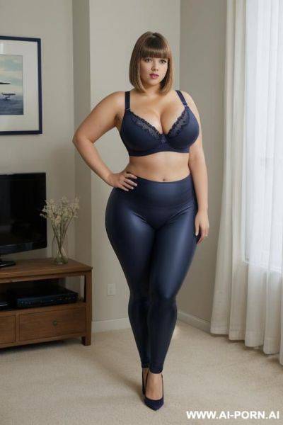 Chubby woman, full body, standing, triangular hips, thick thighs, hands on hips, wearing blue leggings and bra, room in front of the television - ai-porn.ai on pornsimulated.com