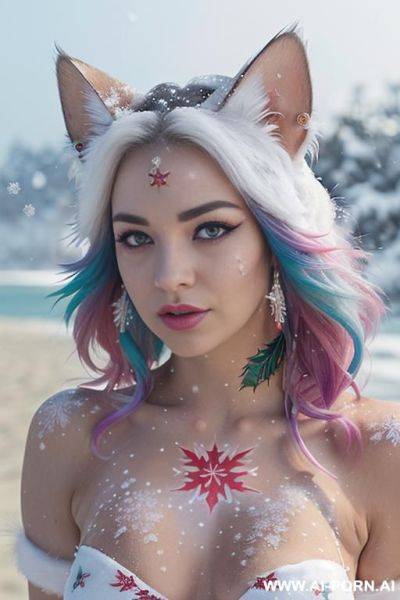 Face, sexy, beautiful, ((face painting)), ((bikini as seashell)), ((tattoo roses)), ((eyes shw)), ((angel wings)), ((rainbow hair)), ((long bu hair)), ((wind)), (( cat face)), (( cat ears)), (((feather - ai-porn.ai on pornsimulated.com