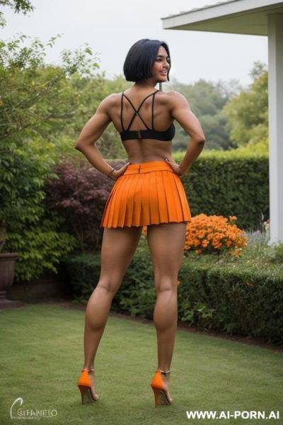 Indian, short hair, fit, abs, muscular arms, big ass, tall, long legs, navel piercing, orange bra, orange pleat skirt, looking at camera, full body, stiletto, in garden, bending down, back view - ai-porn.ai - India on pornsimulated.com